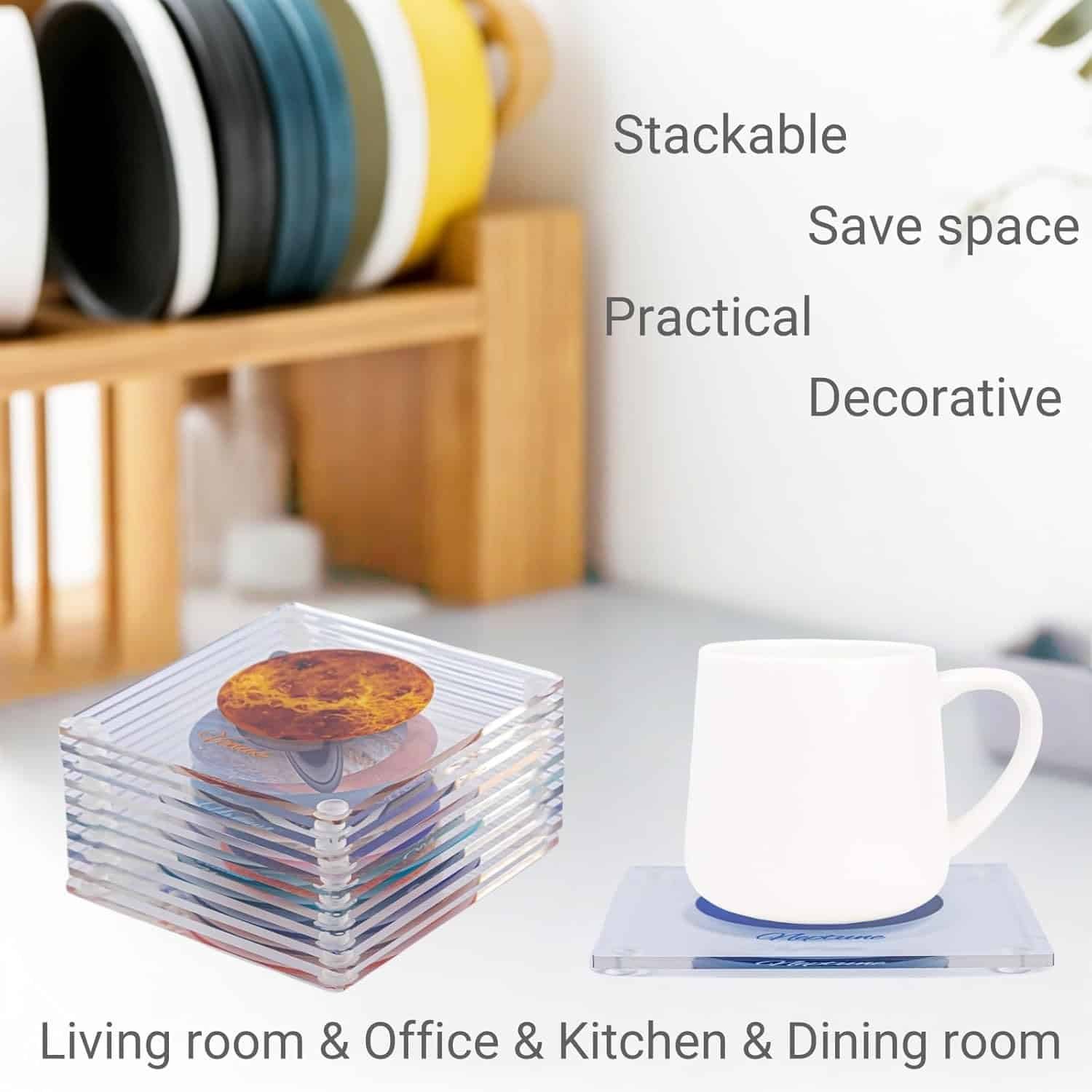 A stack of clear coasters beside a white mug on a coaster, with text highlighting their stackable, space-saving, practical, and decorative features for various rooms.