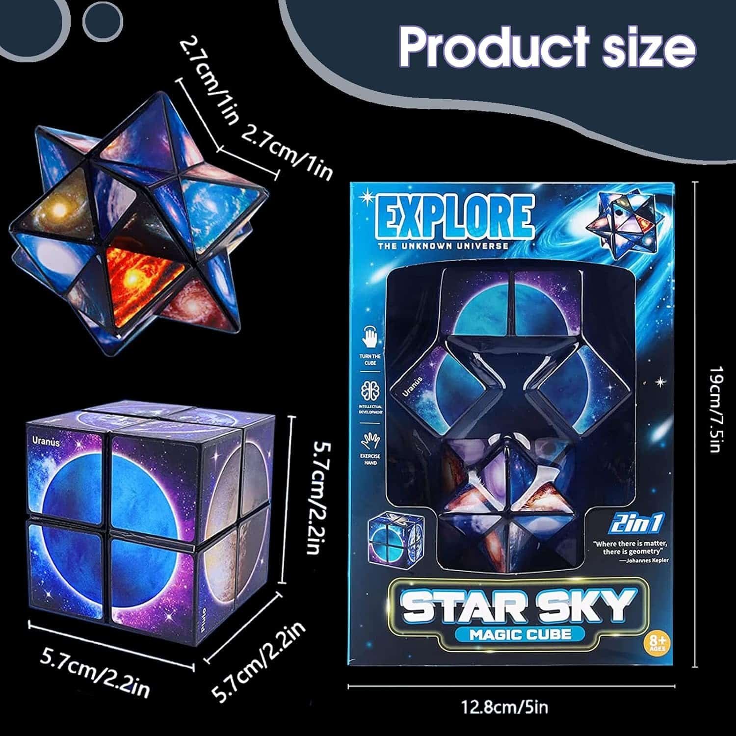 Star Sky Magic Cube puzzle shown in packaging, with product dimensions 12.8x19x5.7 cm; cube and star shapes feature galaxy designs. Suitable for ages 8 and up.