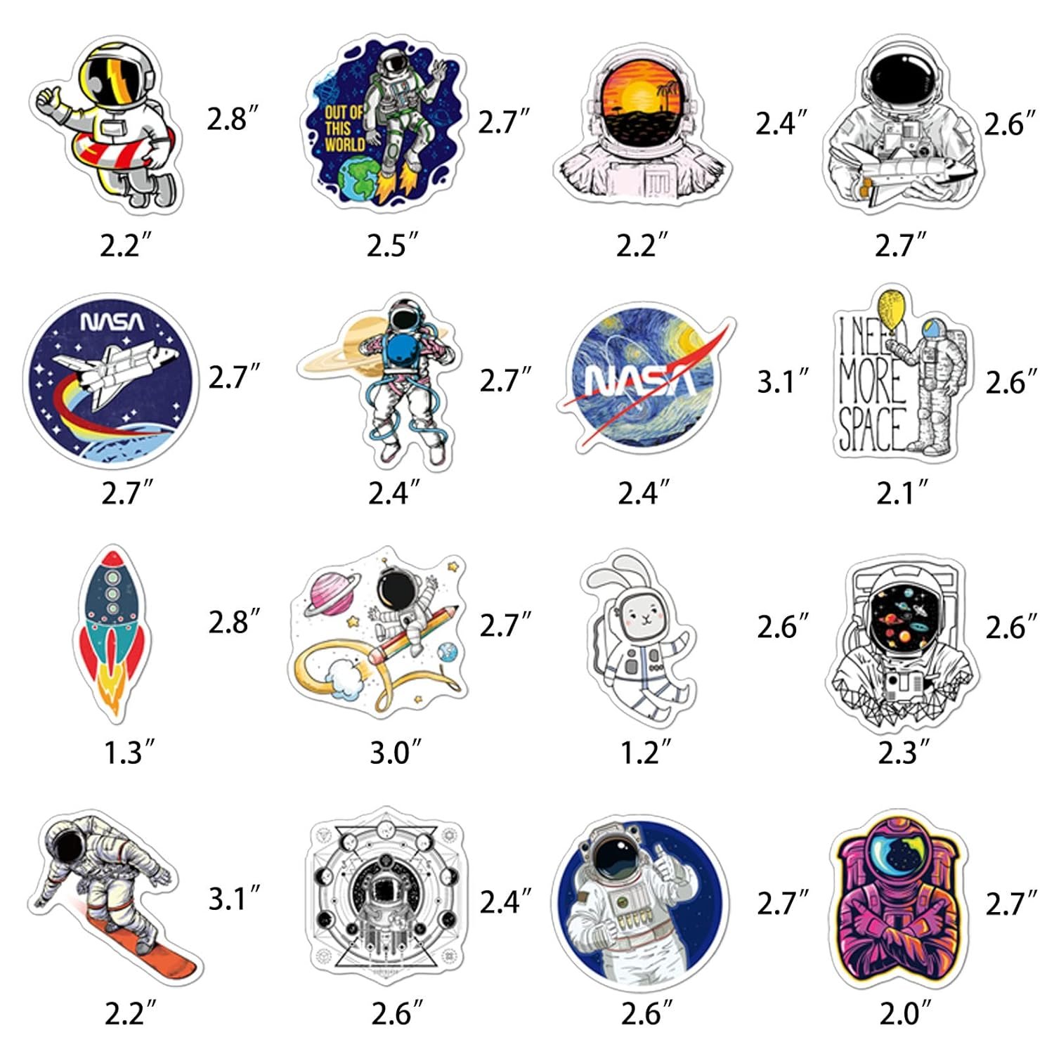 A collection of 18 colorful space-themed stickers featuring astronauts, rockets, planets, NASA logos, and space-related designs, each labeled with their dimensions in inches.