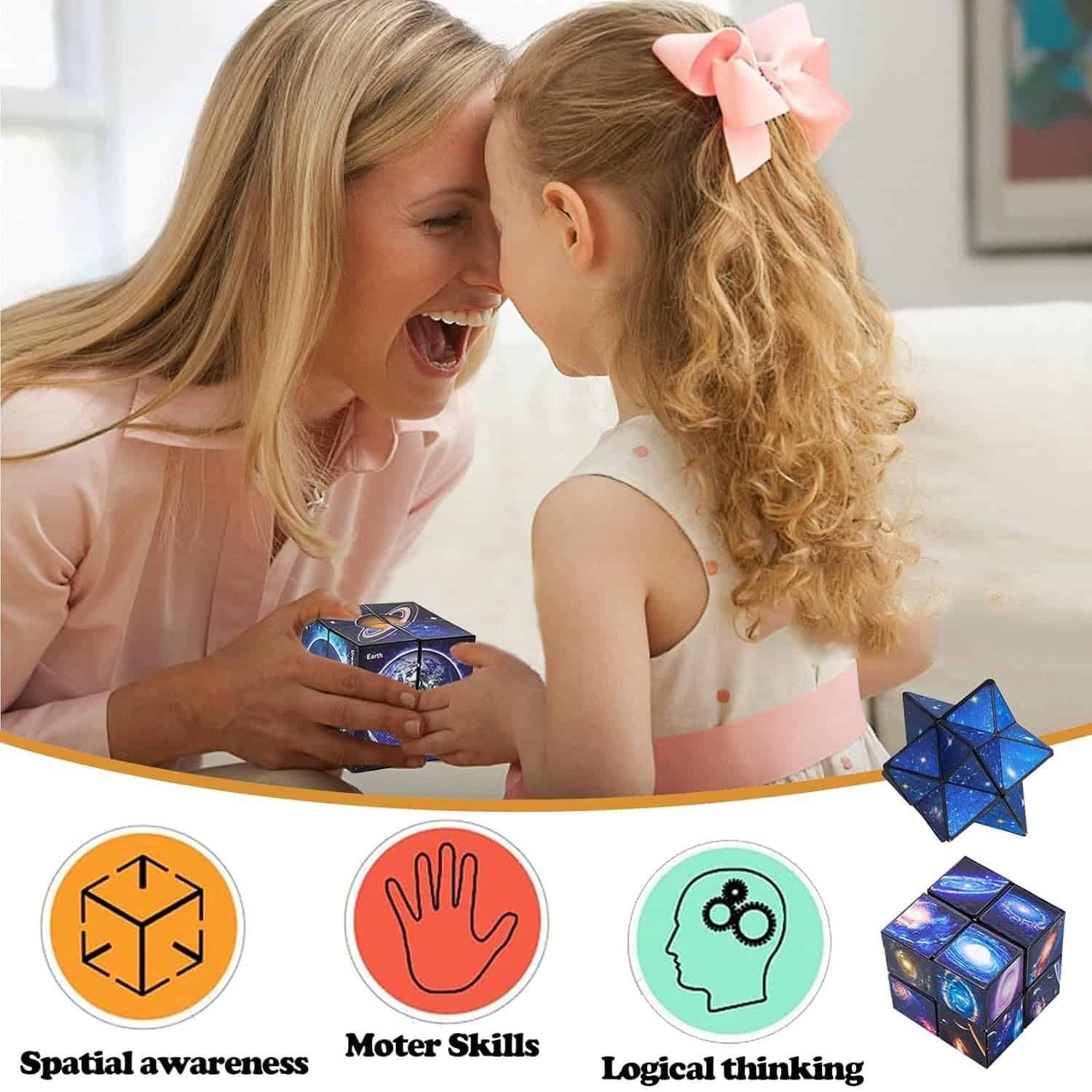 A woman and a girl smile while playing with a geometric puzzle toy. Three icons below highlight spatial awareness, motor skills, and logical thinking.