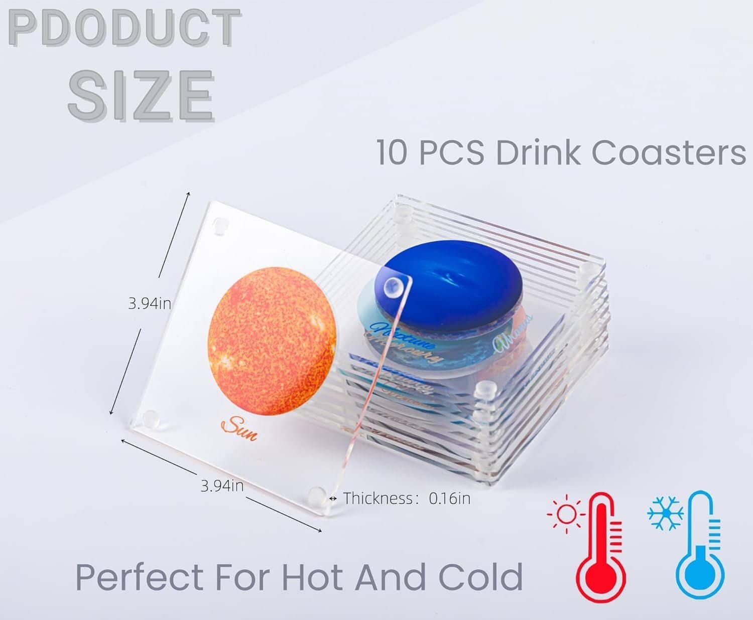 A stack of 10 clear square drink coasters, each 3.94 inches by 3.94 inches and 0.16 inches thick, shown with a sun image and suitable for hot and cold drinks.