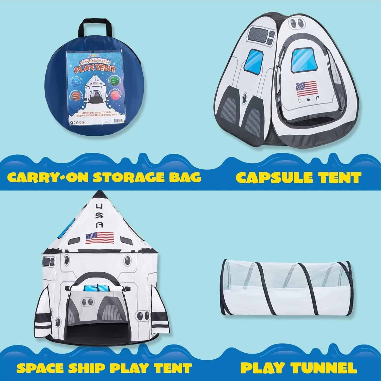 A play tent set for kids is shown, including a carry-on storage bag, a capsule tent, a spaceship play tent, and a mesh play tunnel, all with a space theme.