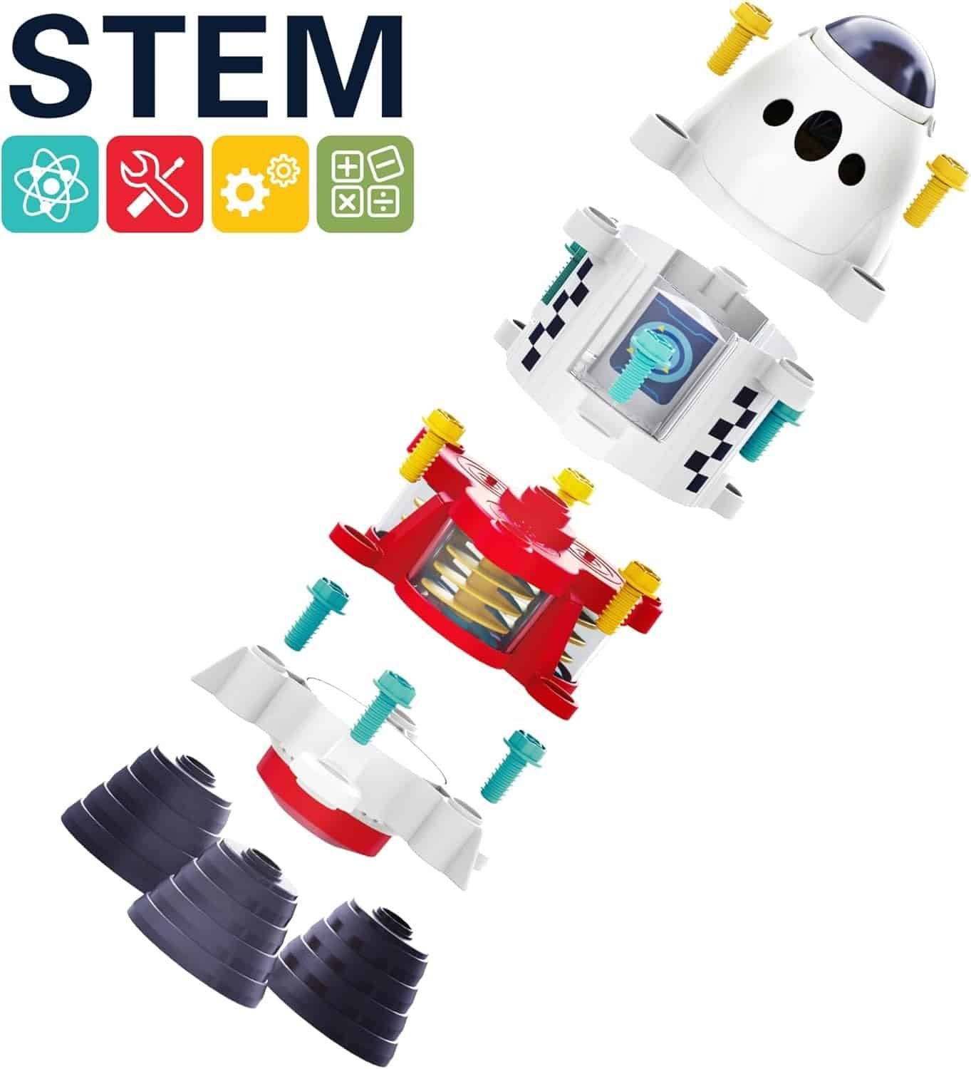 Illustration of a toy rocket ship shown in exploded view with labeled STEM icons above, displaying its individual components and assembly parts.