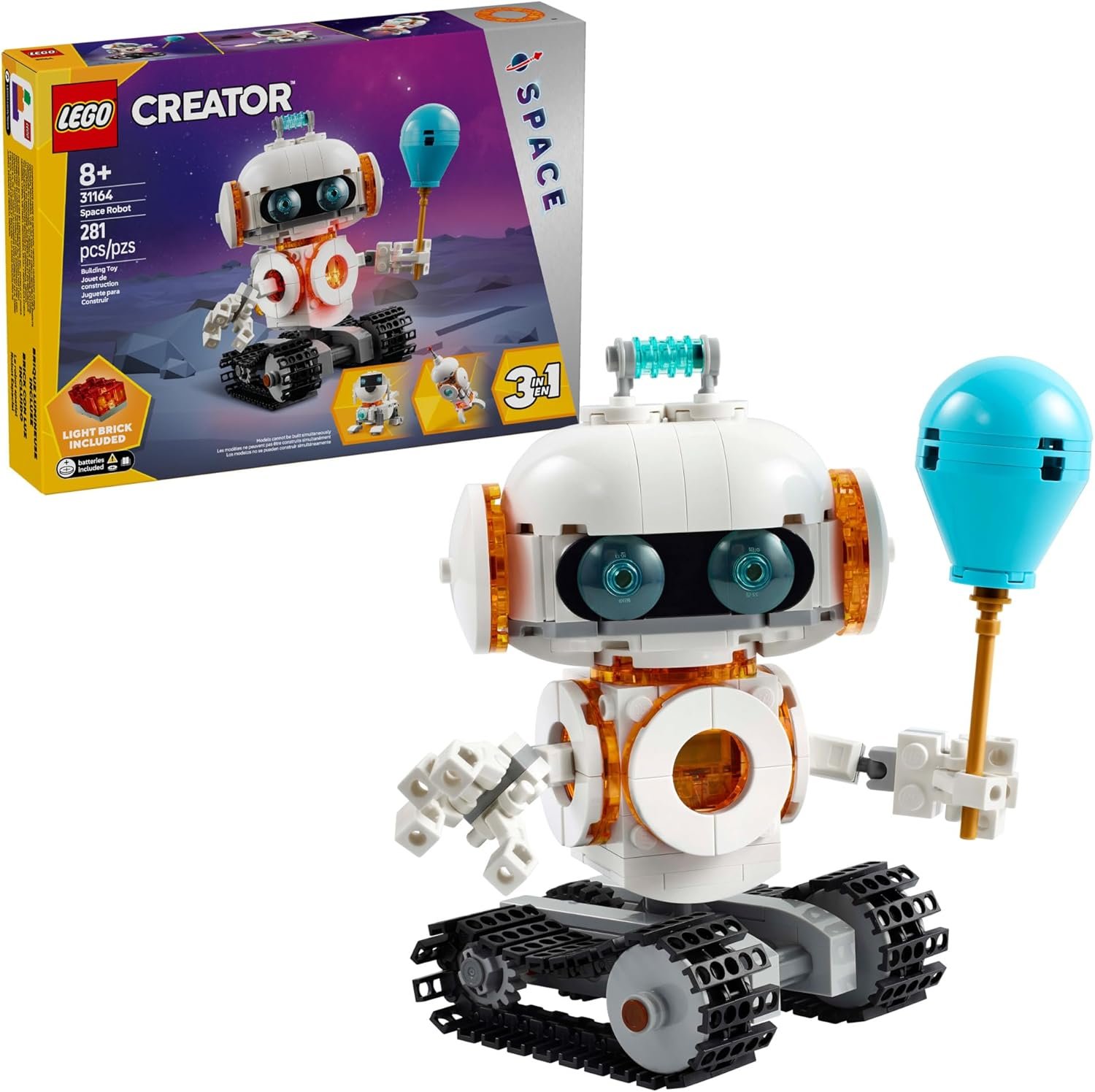LEGO Creator 3-in-1 robot toy with blue balloon accessory is shown assembled, next to its packaging displaying product details and alternate build options.