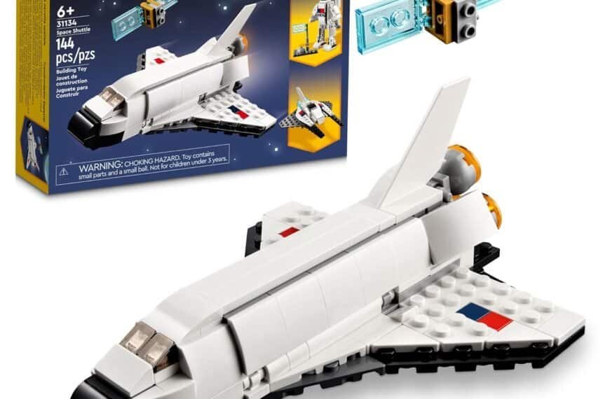 LEGO Creator 3-in-1 set with box, featuring a white space shuttle, a small satellite build, and package displaying 144 pieces for ages 6 and up.
