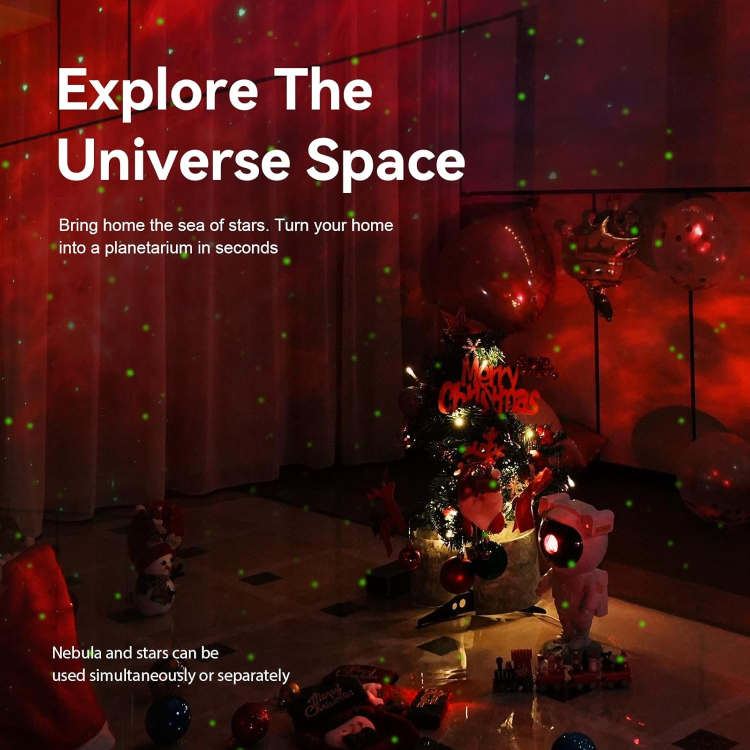 A small Christmas tree with ornaments, gifts, and decorations sits in a dark room illuminated by red light and green star projections. Text about a home planetarium projector is displayed.
