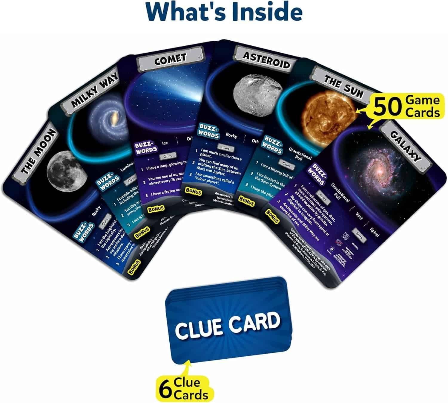 Five illustrated game cards featuring space objects (the Moon, Milky Way, Comet, Asteroid, the Sun, Galaxy) and a stack of blue clue cards labeled "CLUE CARD". Text: "50 Game Cards", "6 Clue Cards".
