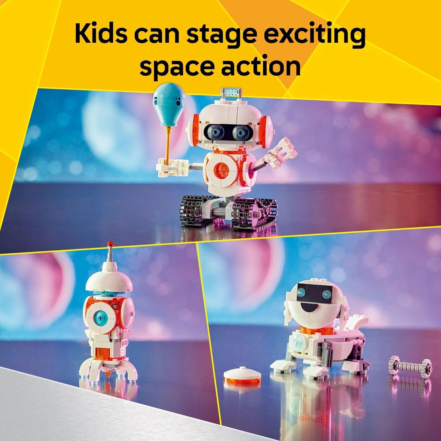 Three LEGO space-themed robot and rover models are displayed on reflective surfaces with a colorful outer space background and text reading "Kids can stage exciting space action.