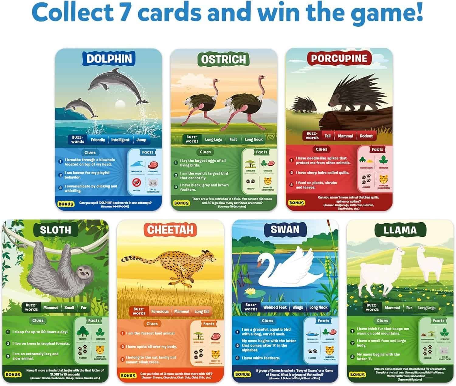 Seven illustrated animal cards—dolphin, ostrich, porcupine, sloth, cheetah, swan, and llama—each displaying animal facts and stats; text above reads "Collect 7 cards and win the game!.