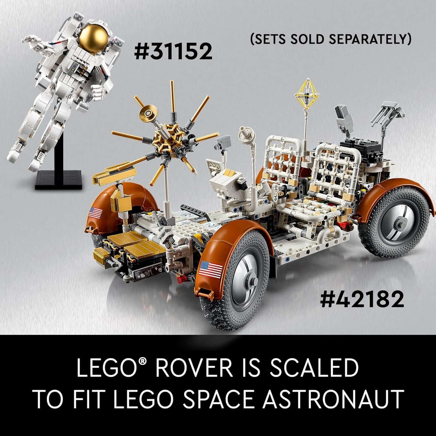 LEGO astronaut minifigure (#31152, sold separately) and detailed LEGO lunar rover (#42182) are displayed on a metallic background.