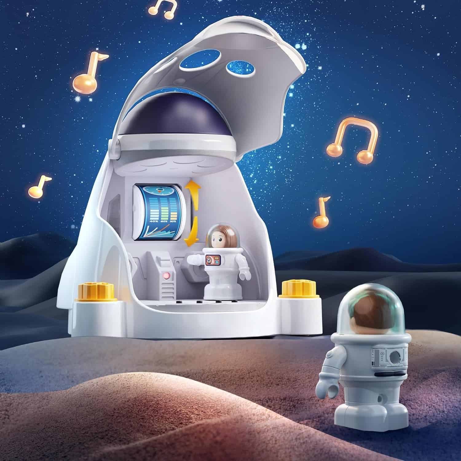 Two toy astronauts stand on a moon-like landscape near a futuristic white pod with screens, surrounded by floating musical notes under a starry sky.