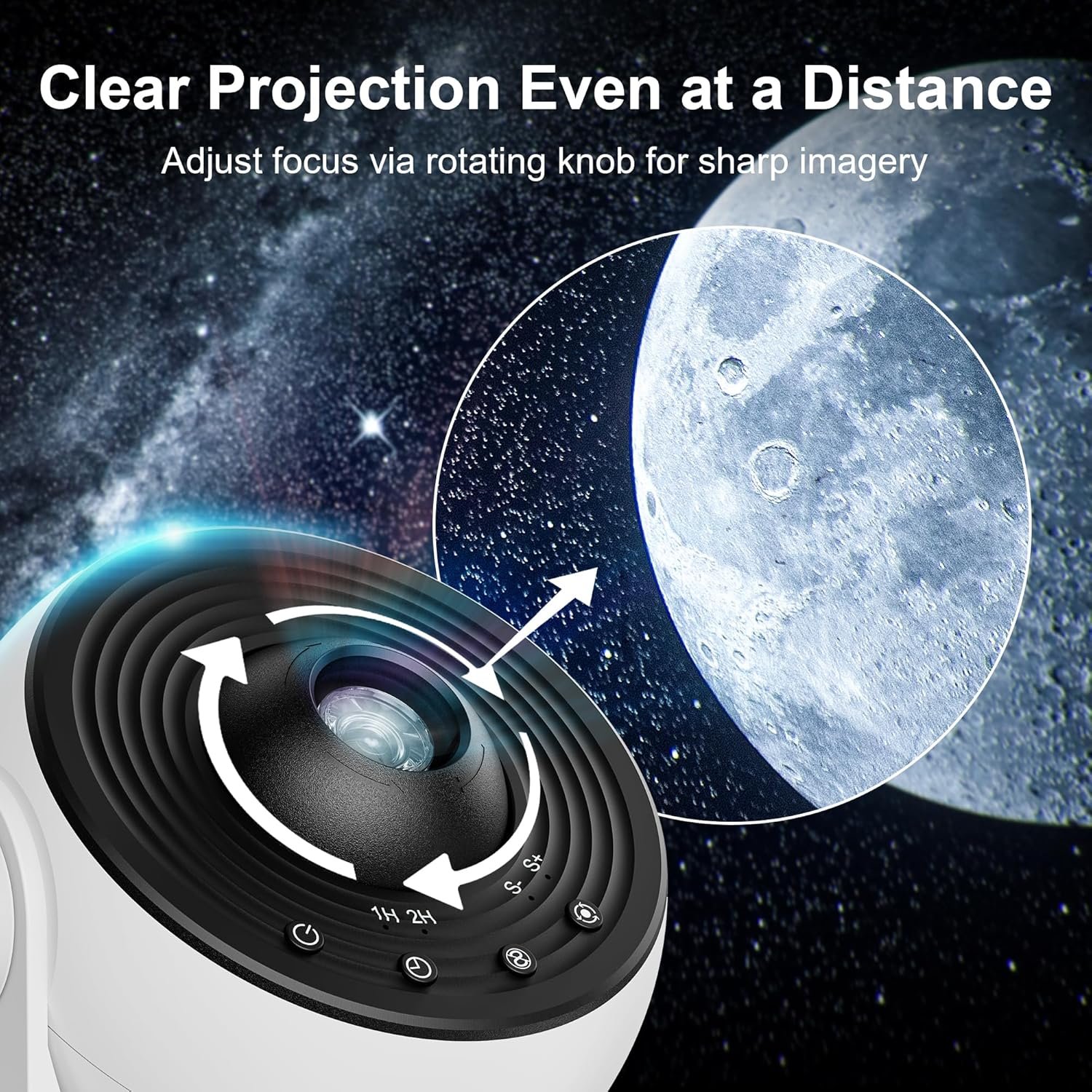 A projector with a rotating focus knob is shown, demonstrating clear projection of the moon and stars accompanied by the text, "Clear Projection Even at a Distance.