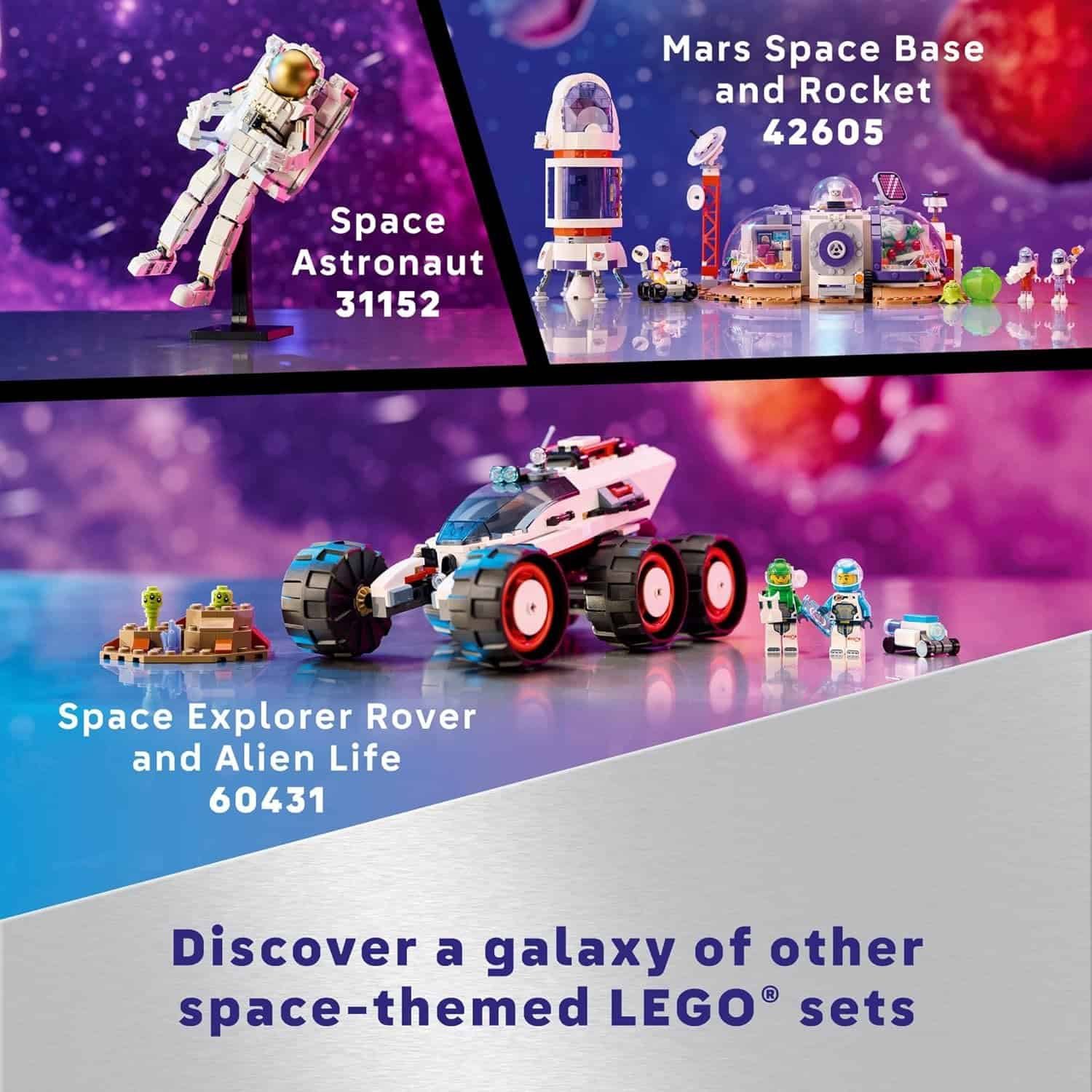 Three LEGO sets are displayed: Space Astronaut 31152, Mars Space Base and Rocket 42605, and Space Explorer Rover and Alien Life 60431, against a colorful space-themed background.