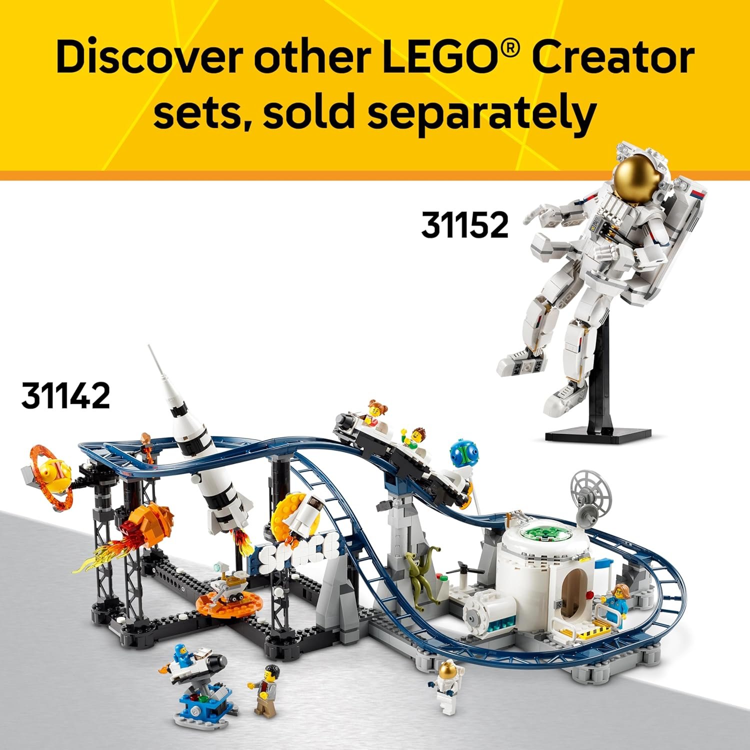 LEGO Creator sets 31142 and 31152 are displayed; one is a space roller coaster scene, the other is an astronaut figure, with a yellow banner above.