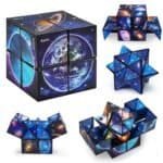 A geometric puzzle cube with images of outer space and planets, shown in various configurations and partially unfolded forms.