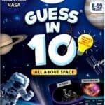 Box for "Guess in 10: All About Space" game, featuring planets, an astronaut, and sample cards; suitable for ages 8-99 and 2-6 players, with NASA images included.