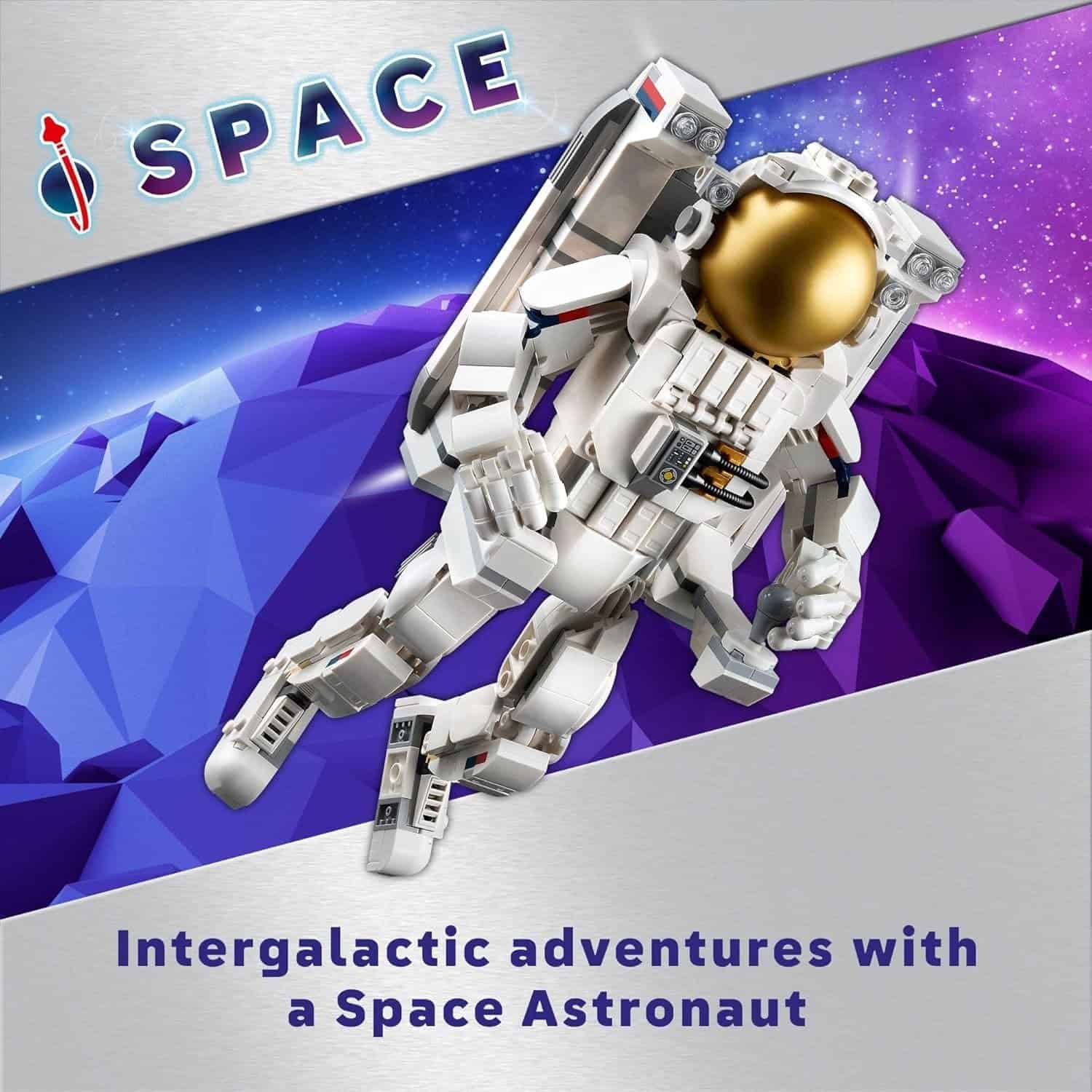 An astronaut in a white spacesuit floats in space with a purple planet background. Text reads, "Intergalactic adventures with a Space Astronaut.