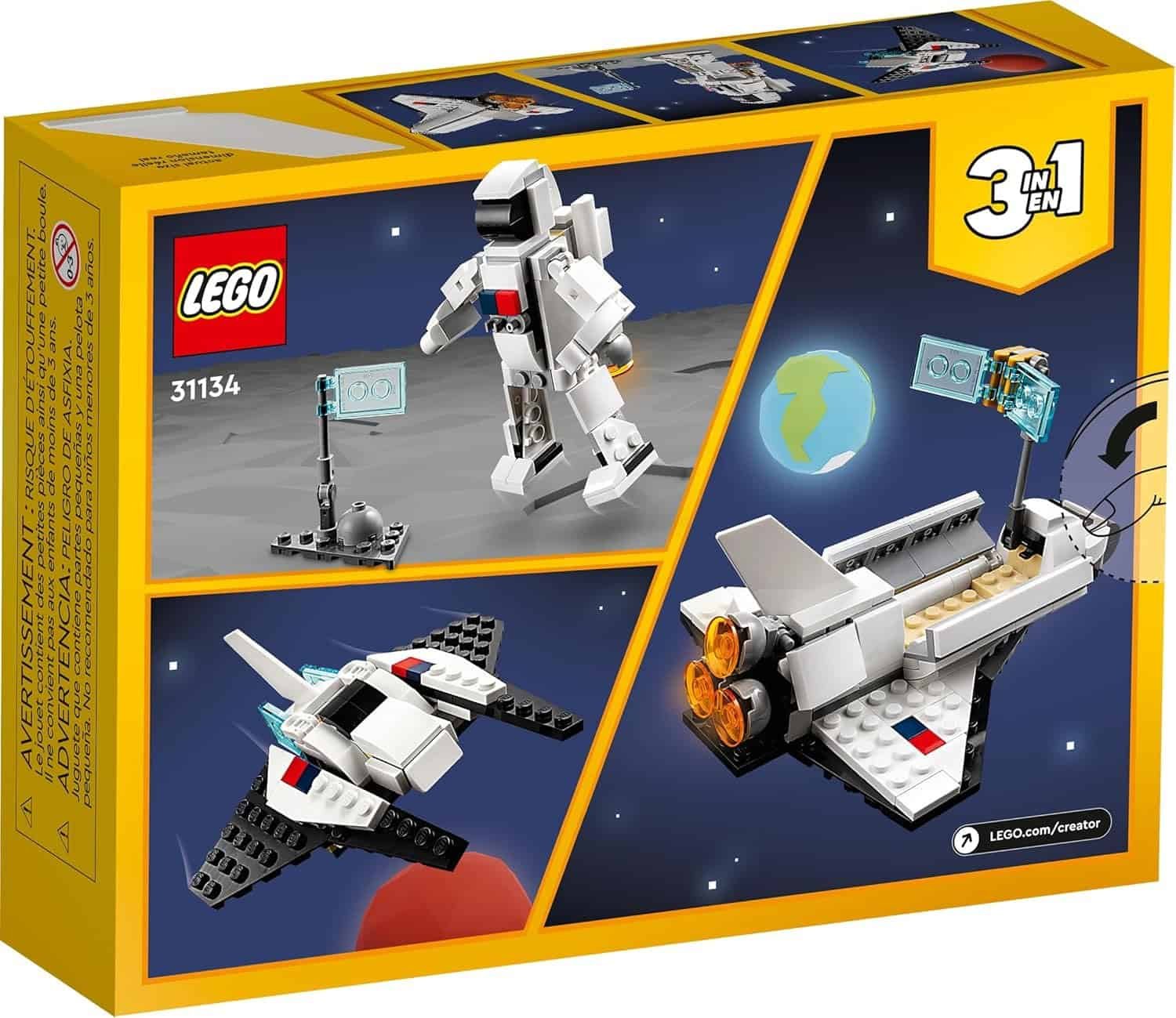 LEGO Creator 3-in-1 set box showing astronaut, spaceship, and shuttle builds against a space-themed background.