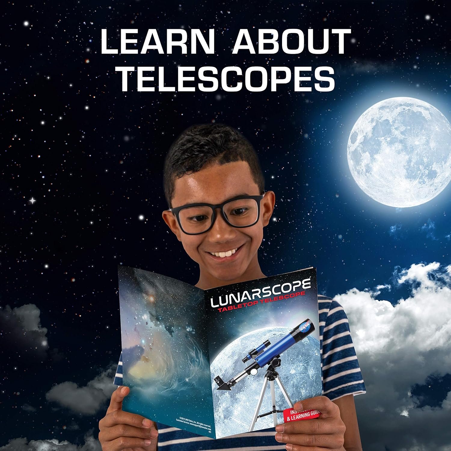 A boy wearing glasses reads a booklet titled "Lunarscope Telescope for Beginners" under a night sky with stars and a full moon. Text above reads, "Learn About Telescopes.
