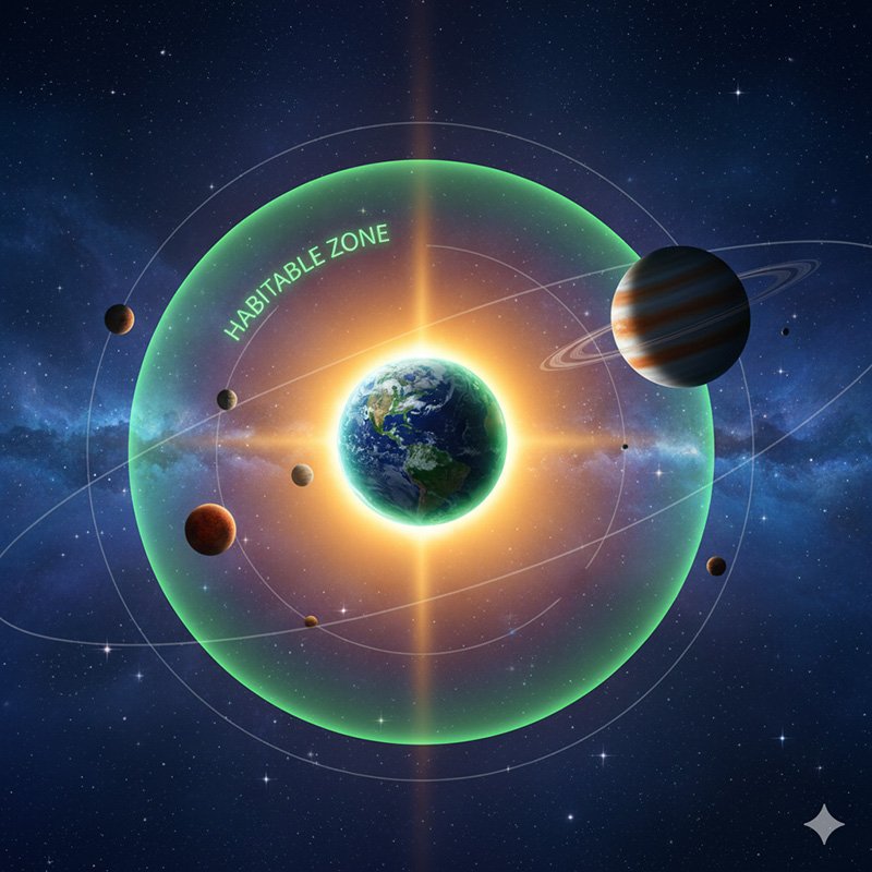 How Many Planets Are There in the Milky Way? 2 Illustration of planets orbiting a sun with Earth at the center, set within the Milky Way, showing a green ring labeled "Habitable Zone" to indicate where conditions may support life.