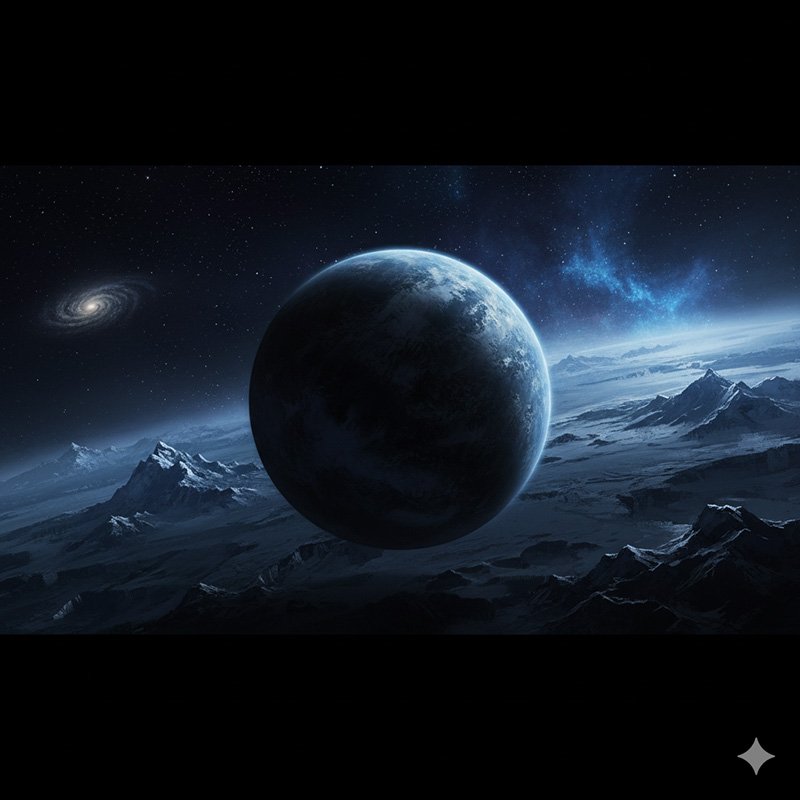 How Many Planets Are There in the Milky Way? 3 A dark planet floats above a barren, icy landscape with jagged mountains; the Milky Way and distant stars spiral in the background.