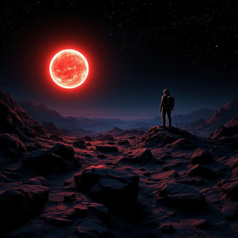 An astronaut stands on a rocky alien landscape under a dark sky, observing a large, bright red planet glowing in the distance.