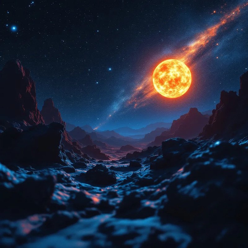 Rocky alien landscape under a starry sky with a large glowing planet and a bright ring of light illuminating the background.