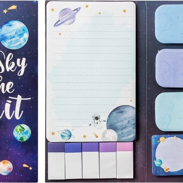 Xqumoi The Sky is The Limit Sticky Notes Set includes 550 sheets of notepads, self-stick notes, and divider tabs in an outer space galaxy planet pattern—perfect for back to school, office use, or as a small gift.