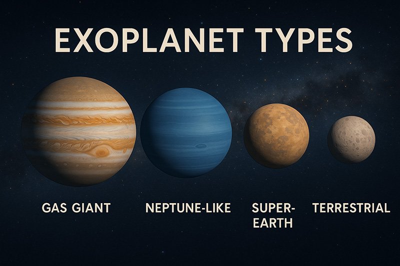How Many Planets Are There in the Milky Way? 4 Diagram showing four types of exoplanets found in the Milky Way: gas giant, Neptune-like, super-Earth, and terrestrial, each illustrated with a different planet image.