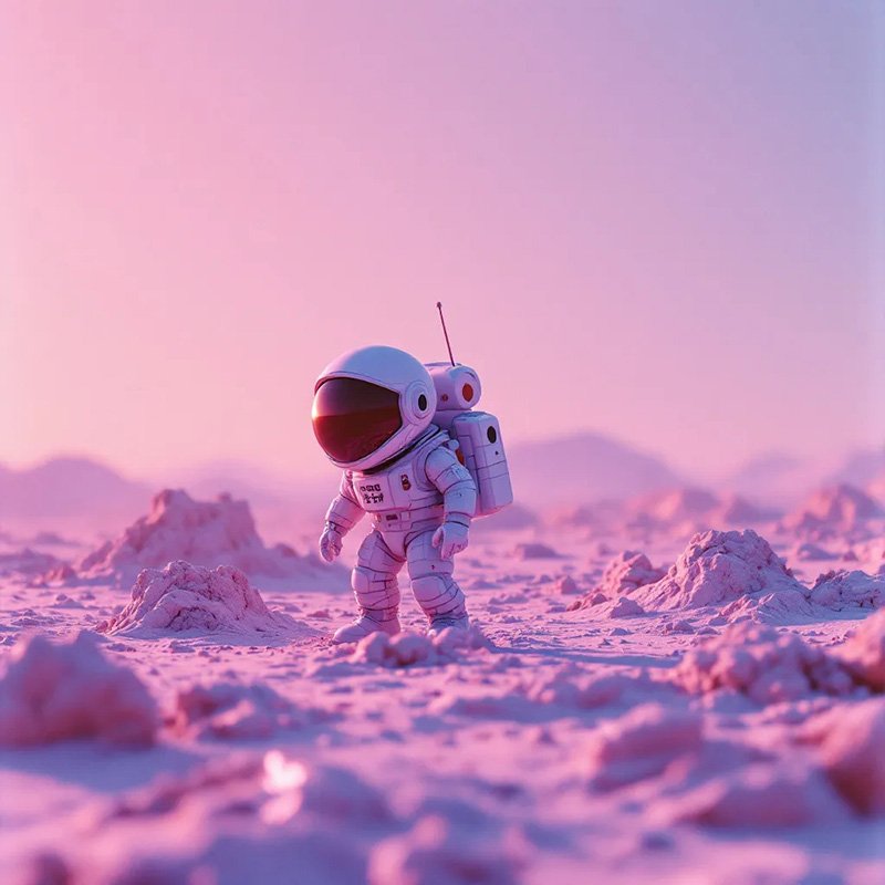 An astronaut stands on a rocky, pink-hued planet under a soft sky, surrounded by distant hills and uneven terrain.