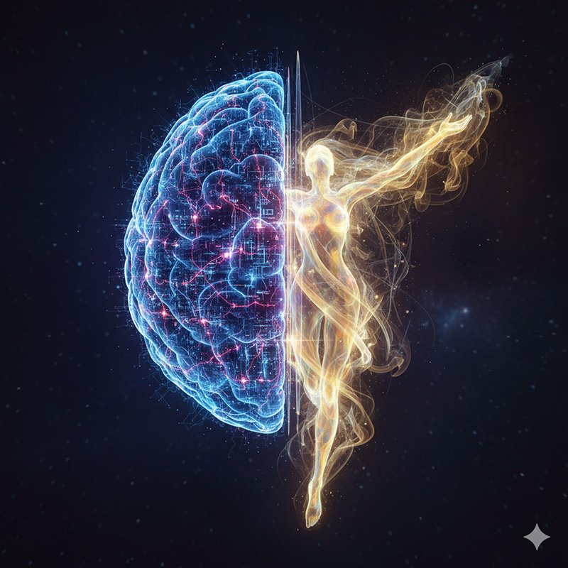 A digital illustration showing half of a human brain on the left, connected to a glowing, translucent human figure on the right, against a dark background—exploring the question: What is the soul?.