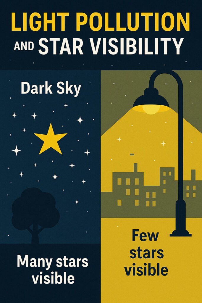 Warum funkeln Sterne auf der Erde, aber nicht im Weltraum? 2 Infografik zum Vergleich eines dunklen Himmels, an dem unzählige Sterne hell funkeln, mit einem lichtverschmutzten Stadthimmel mit nur wenigen sichtbaren Sternen unter einer Straßenlaterne.