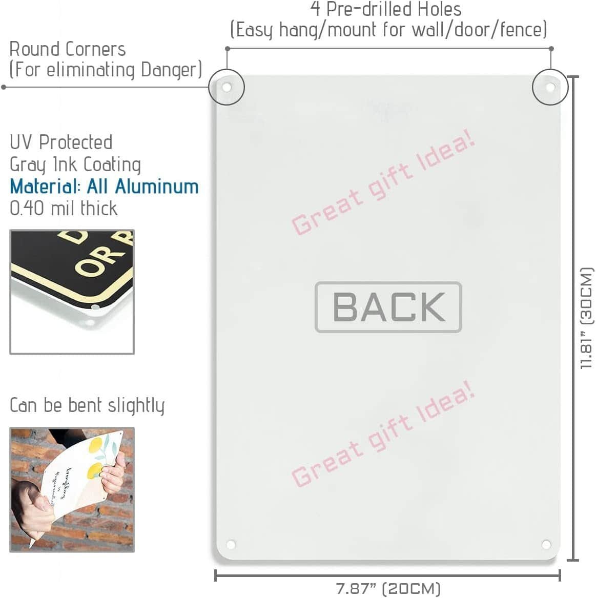 Rectangular aluminum sign with rounded corners and four pre-drilled holes, labeled "BACK," showing dimensions and features such as UV protection and slight bendability.