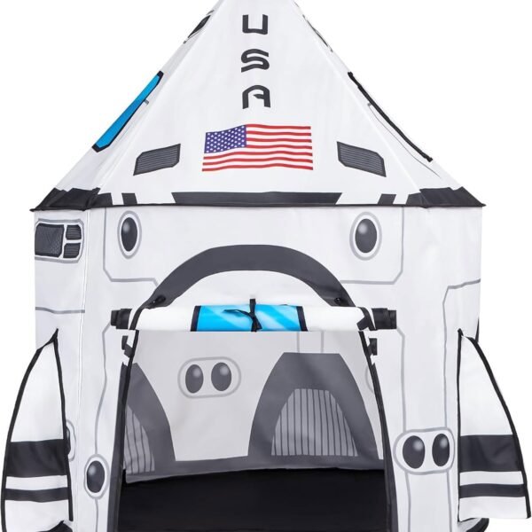 Children’s play tent designed to look like a white space shuttle with "USA" and an American flag on the top section, featuring a front entrance and printed details.
