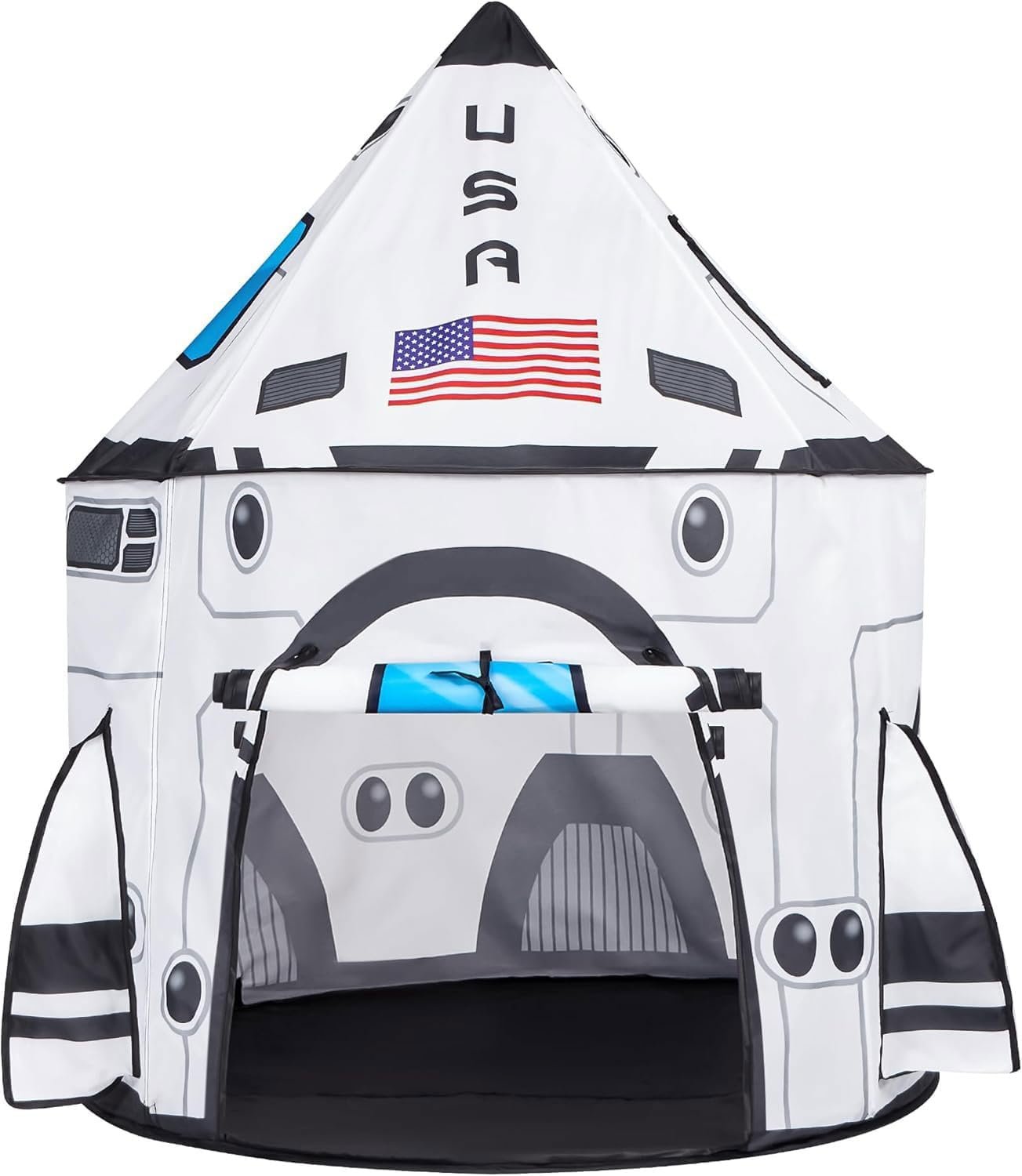 Children’s play tent designed to look like a white space shuttle with "USA" and an American flag on the top section, featuring a front entrance and printed details.