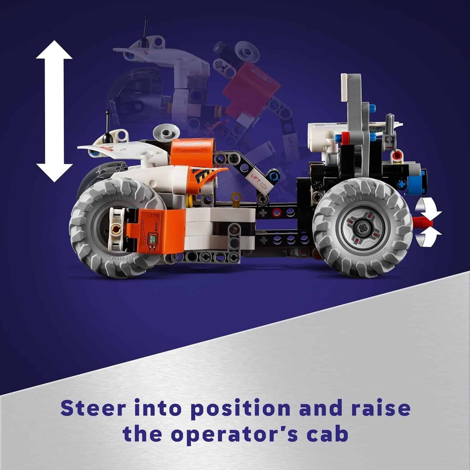 A LEGO tractor model with arrows indicating steering movement and the raising of the operator's cab, set against a blue background with instructional text.