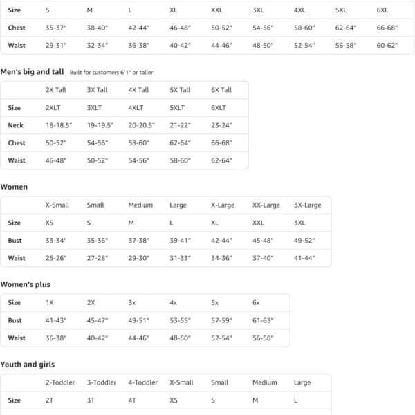 Amazon Merch on Demand size chart displaying measurements for men, women, and youth, including chest, waist, and bust sizes across various size categories.