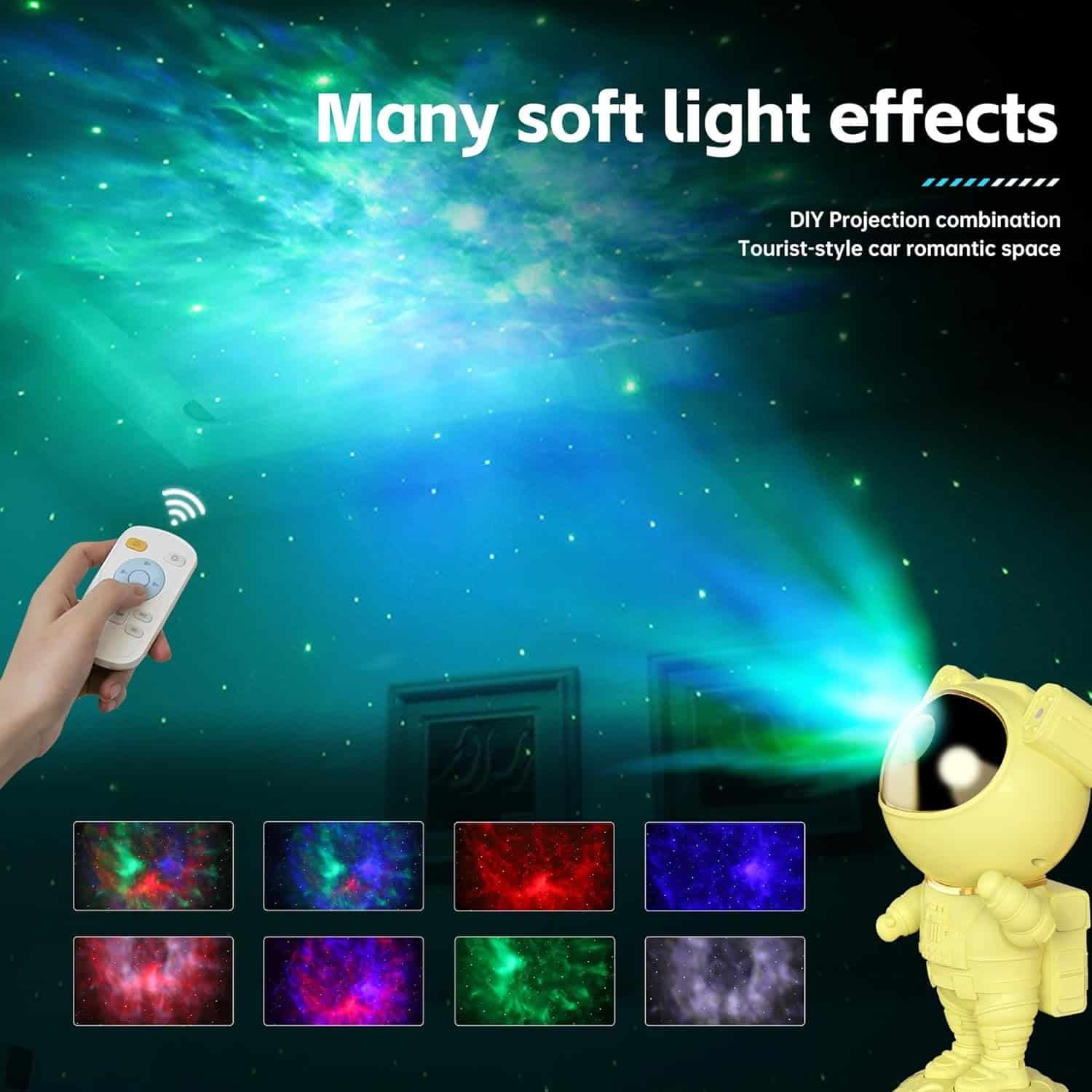 A hand holds a remote controlling an astronaut-shaped projector that casts colorful nebula and star patterns on a ceiling, with various light effect options shown below.