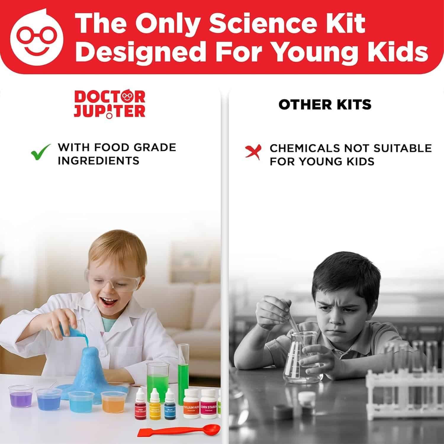 Split image comparing science kits: left shows a smiling child with colorful, labeled Doctor Jupiter kit; right shows a frowning child with a generic kit labeled as unsafe for young kids.