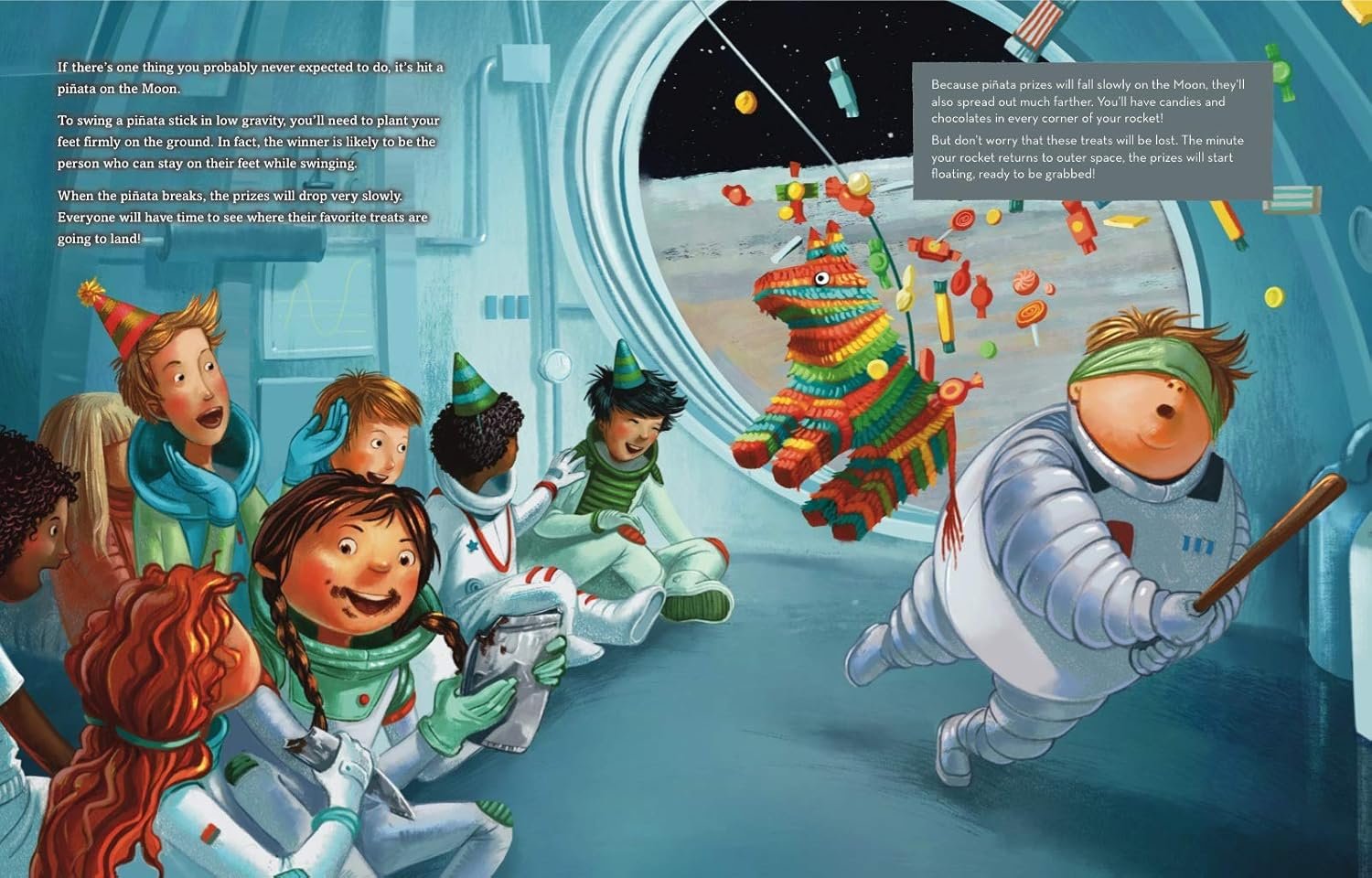 A group of children in space suits hit a piñata inside a spacecraft, scattering candy in zero gravity as they float and celebrate.