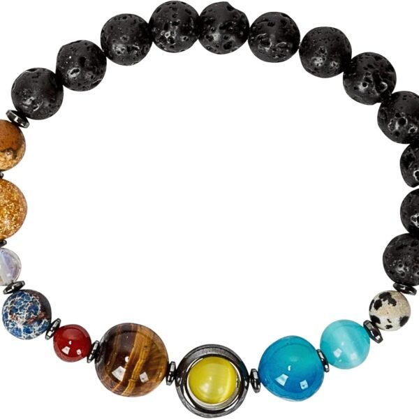 A beaded bracelet featuring black lava beads and several colorful accent beads in various sizes and finishes.