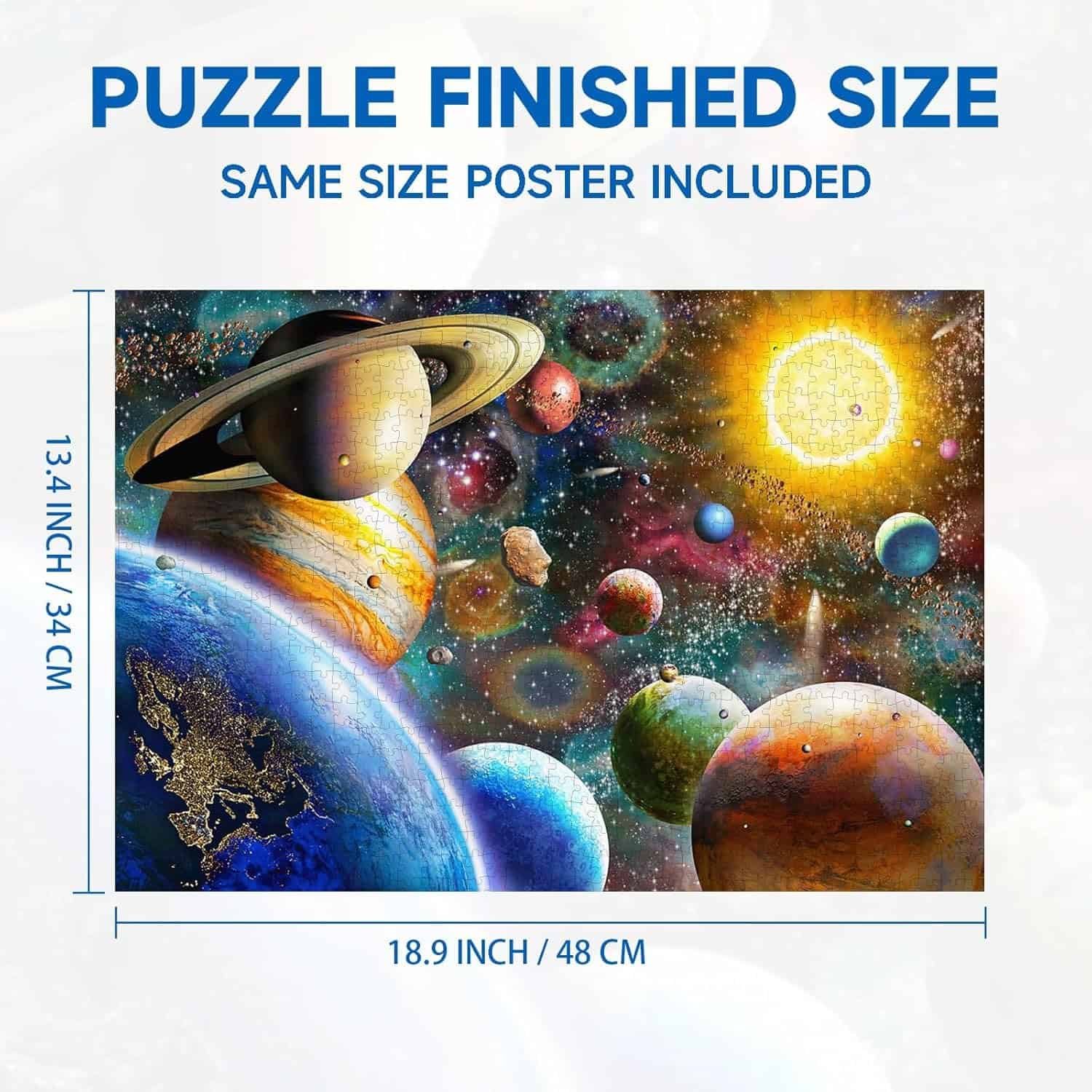 A completed space-themed puzzle measuring 13.4 x 18.9 inches (34 x 48 cm) showing planets, stars, and a bright sun; same size poster included.