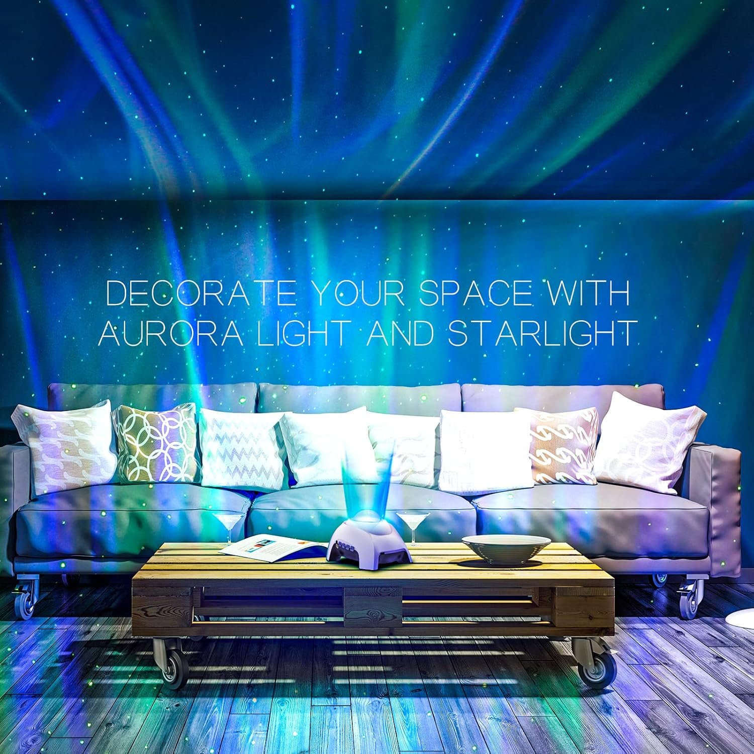 A living room with a sofa and coffee table is illuminated by projected aurora lights and star effects, with the text "DECORATE YOUR SPACE WITH AURORA LIGHT AND STARLIGHT" on the wall.