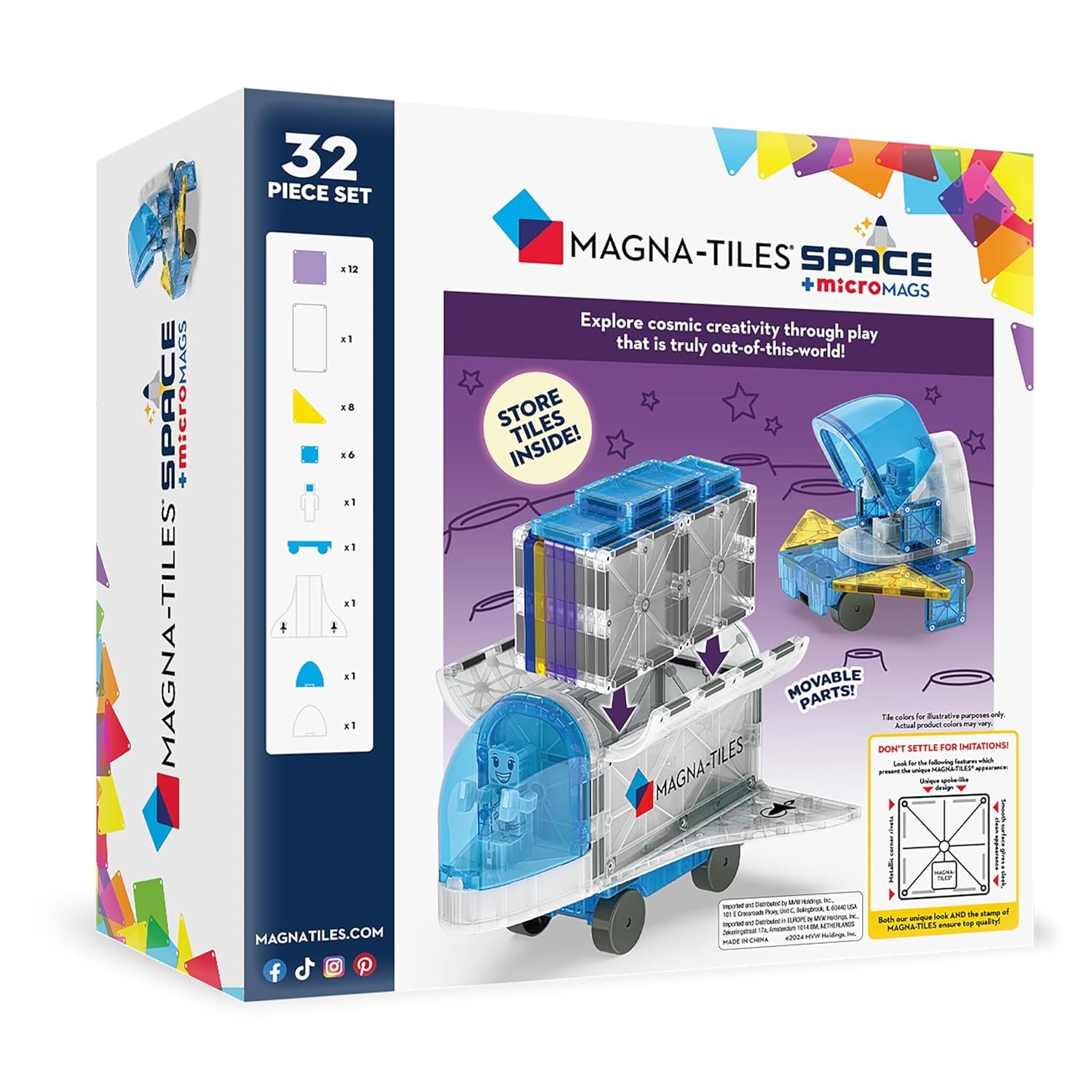 Magna-Tiles Space 32-piece set box featuring magnetic building tiles and micro figures, with images of a space rover and astronaut, and a list of included pieces.