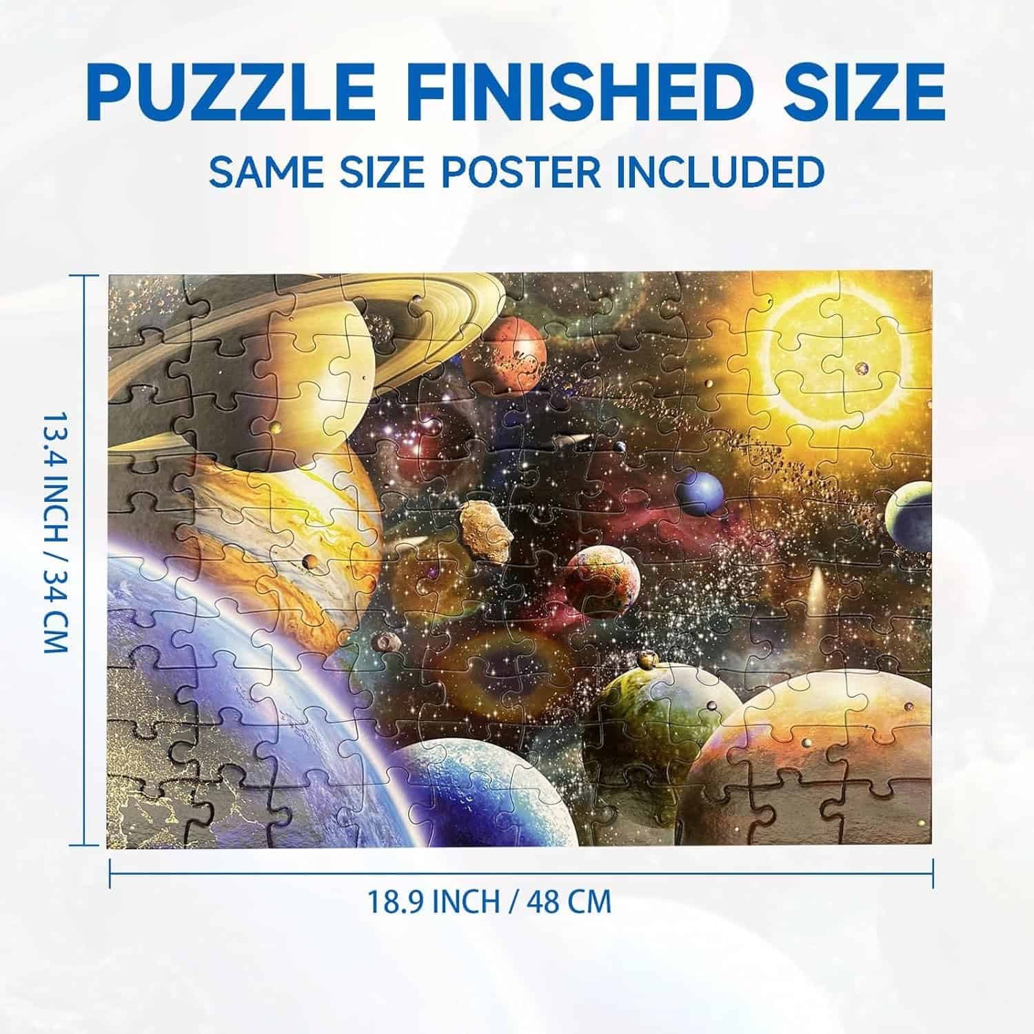 A completed jigsaw puzzle with a space and planets theme measures 13.4 by 18.9 inches. Text notes that a same-size poster is included.
