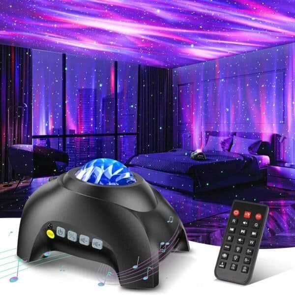 A star projector light illuminates a bedroom with purple and blue galaxy patterns. A remote control is placed in the foreground.