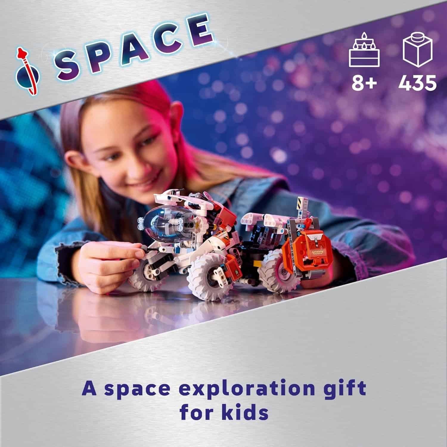 A child plays with a space-themed toy rover on a reflective surface, with packaging text promoting it as a space exploration gift for kids ages 8 and up, 435 pieces.