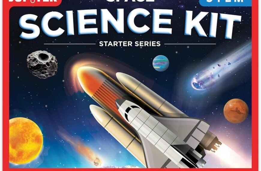 Box of "Doctor Jupiter Space Science Kit" for kids, featuring a space shuttle, planets, asteroid, and comet illustrations, labeled with "50+ Experiments" and "STEM" symbols.