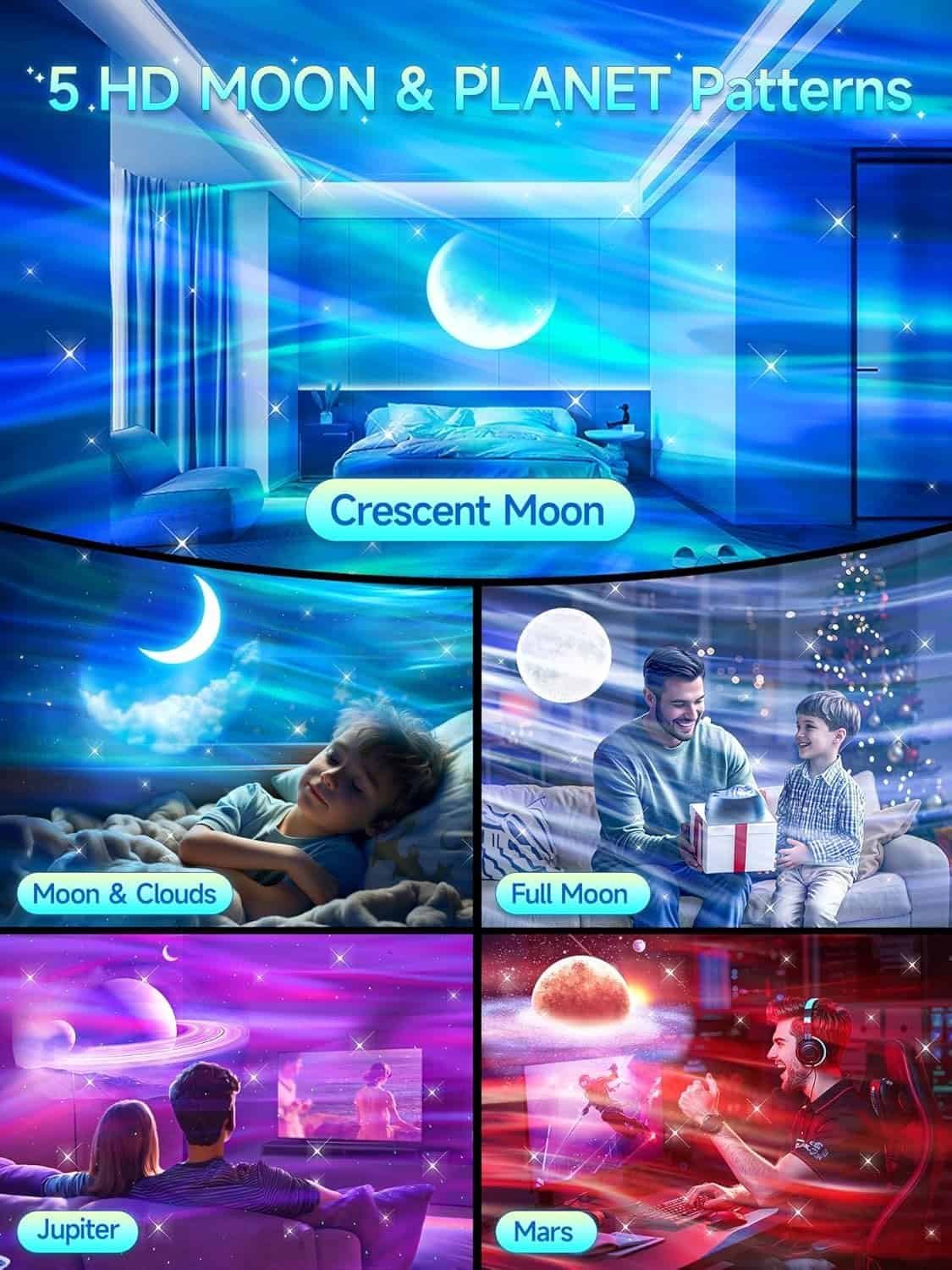 Collage showing five HD moon and planet projector patterns: crescent moon, moon with clouds, full moon, Jupiter, and Mars, each illuminating different room settings.