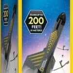 Box of National Geographic Power Rocket STEM toy, featuring a black and yellow motorized rocket that soars up to 200 feet, with 3 flight modes and up to 20 launches per charge.